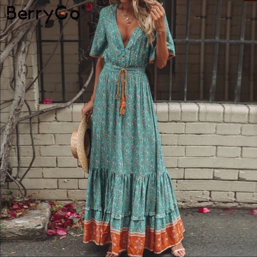 Bohemian Style Short Sleeve Ruffled Maxi Dress